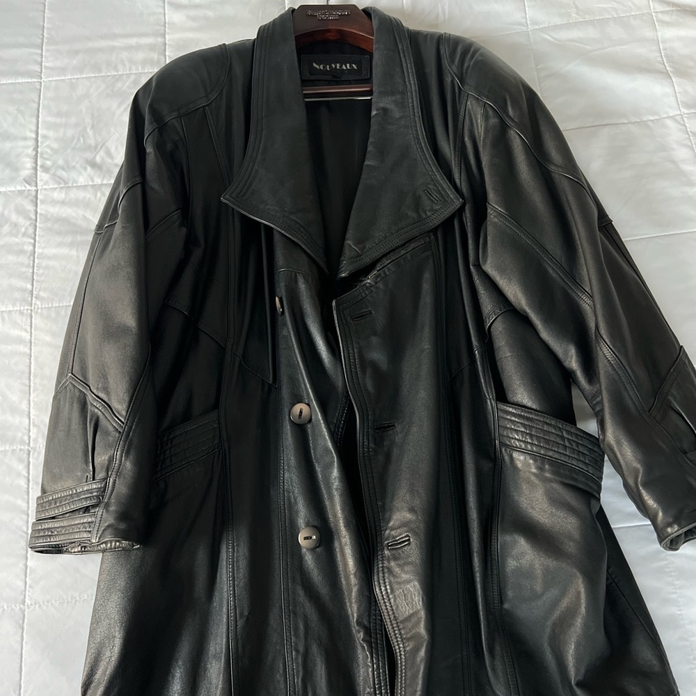 Vintage Black Leather Trench Coat with Panel Stitching